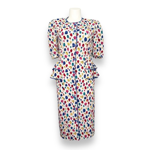 VTG 80s Floral Tulip Peplum Sheath Dress - Picture 1 of 6